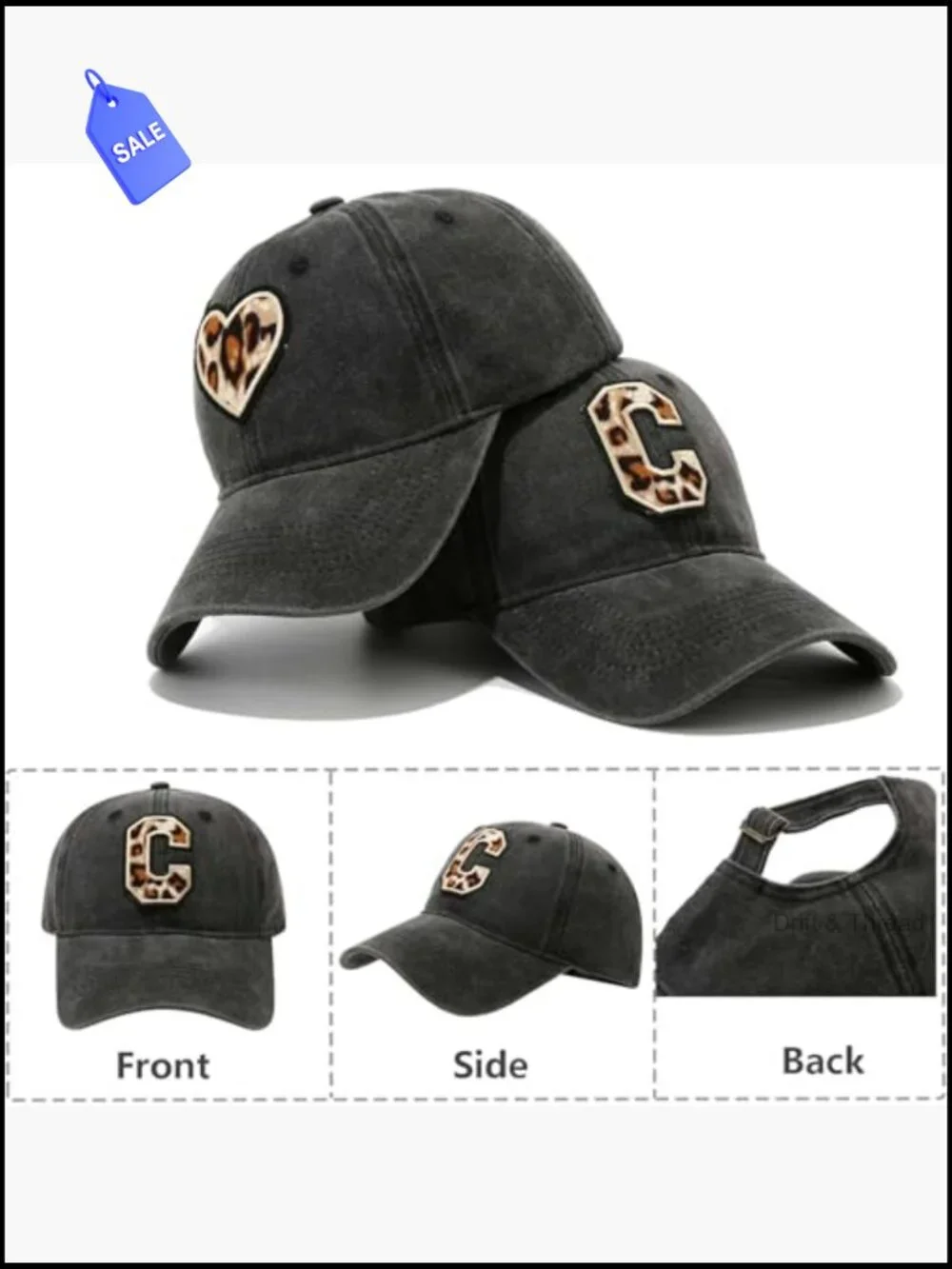 Washed Distressed Baseball Cap with Leopard Letter C - Vintage Cotton Trucker